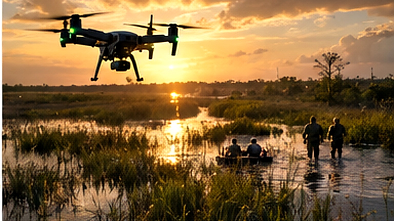 Professional drone supporting a search and rescue operation over Florida wetlands at golden hour