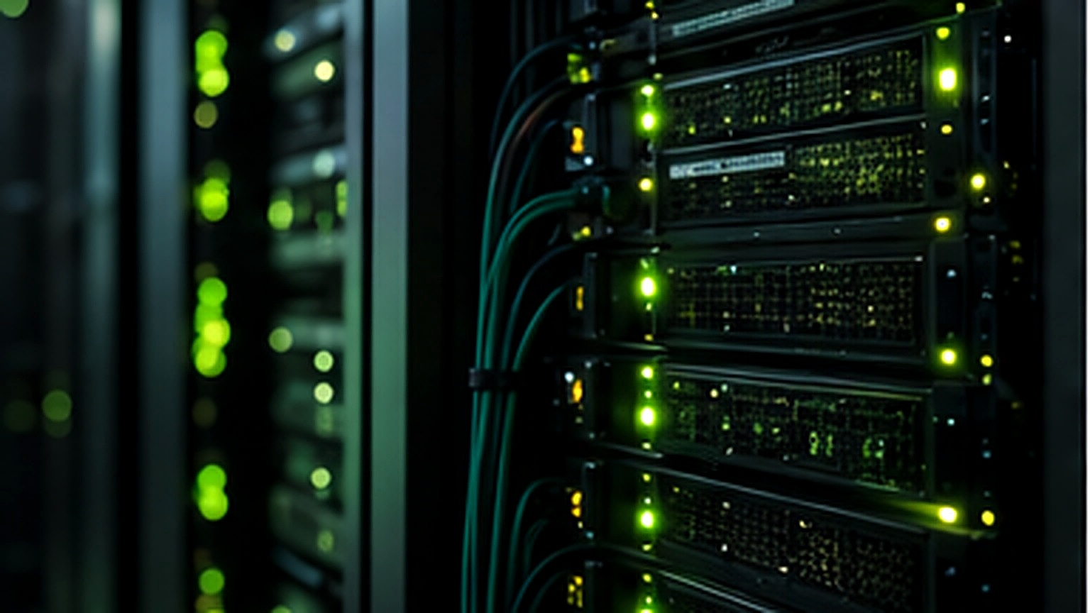 Close-up of server racks in a dark data center with green status lights