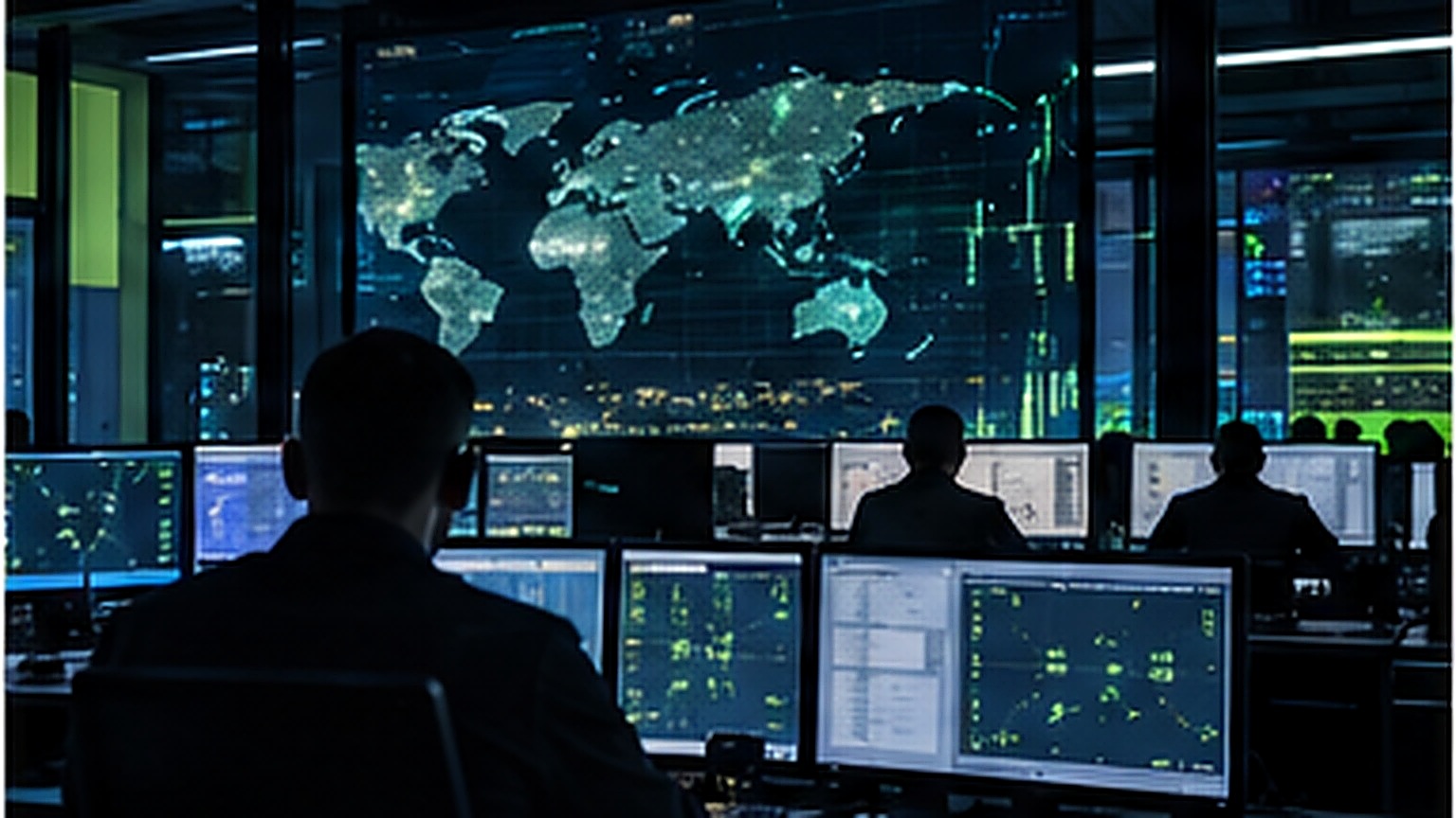 Security operations center with analysts viewing abstract network maps