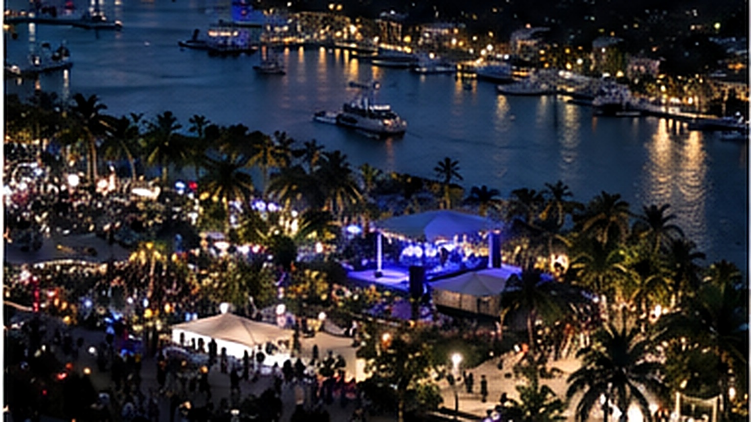 Aerial view of a crowded waterfront public event at night with anonymous attendees