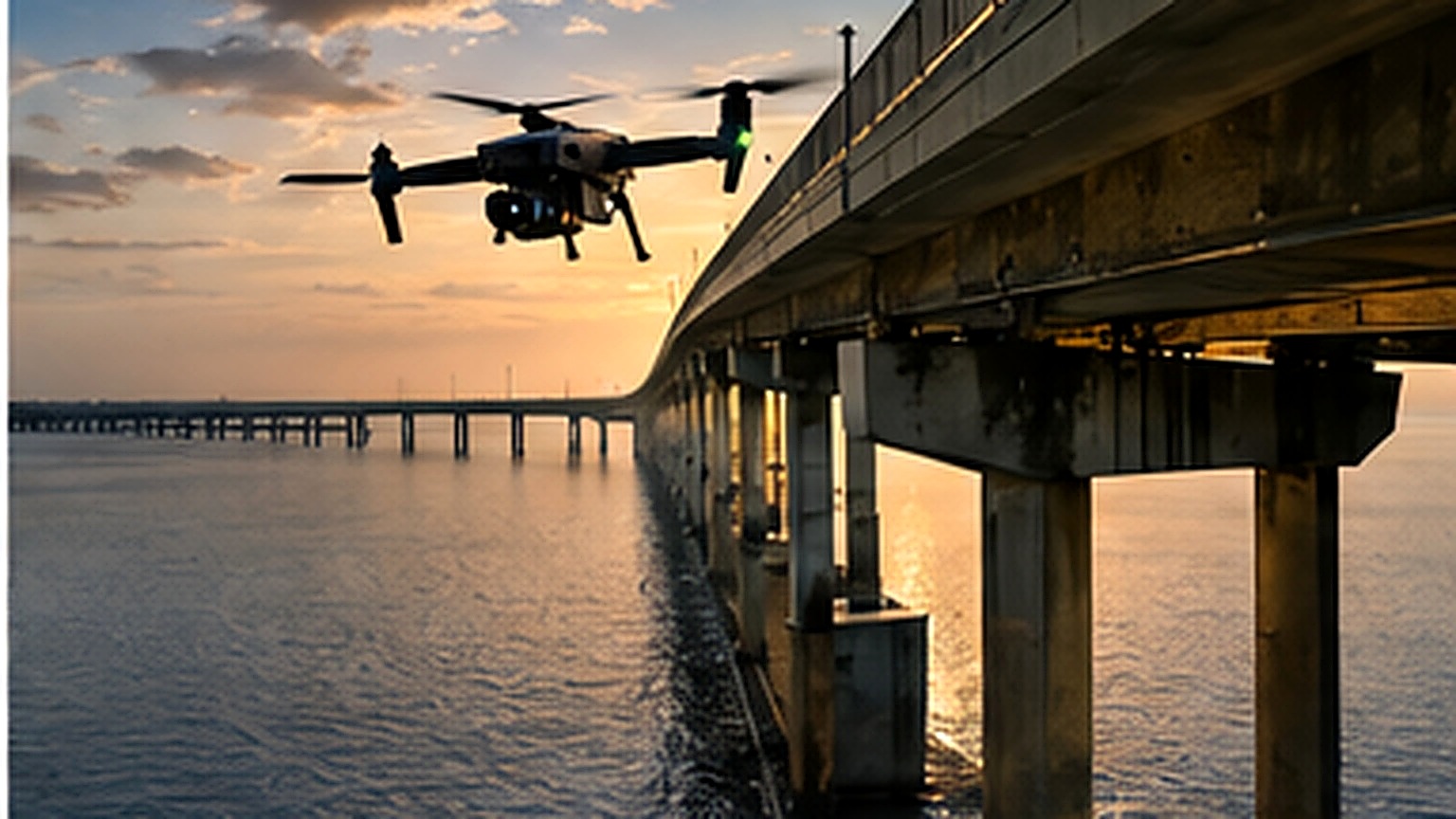 Professional drone inspecting a bridge over water
