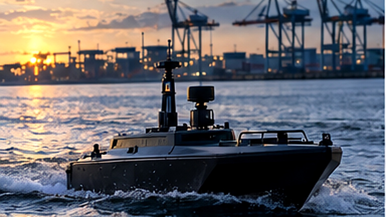 Unmanned surface vessel patrolling a Florida port with cargo cranes in the background